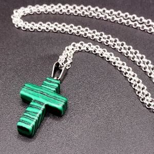 925 Silver Necklace W/ Green Malachite Stone Cross Anniversary Birthday Gift